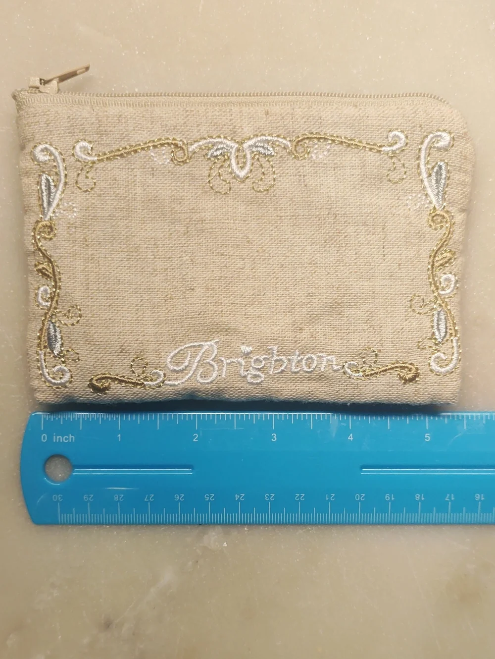 NEW! Brighton Small Zipper Pouch Travel Beige With Scrolls Embroidery